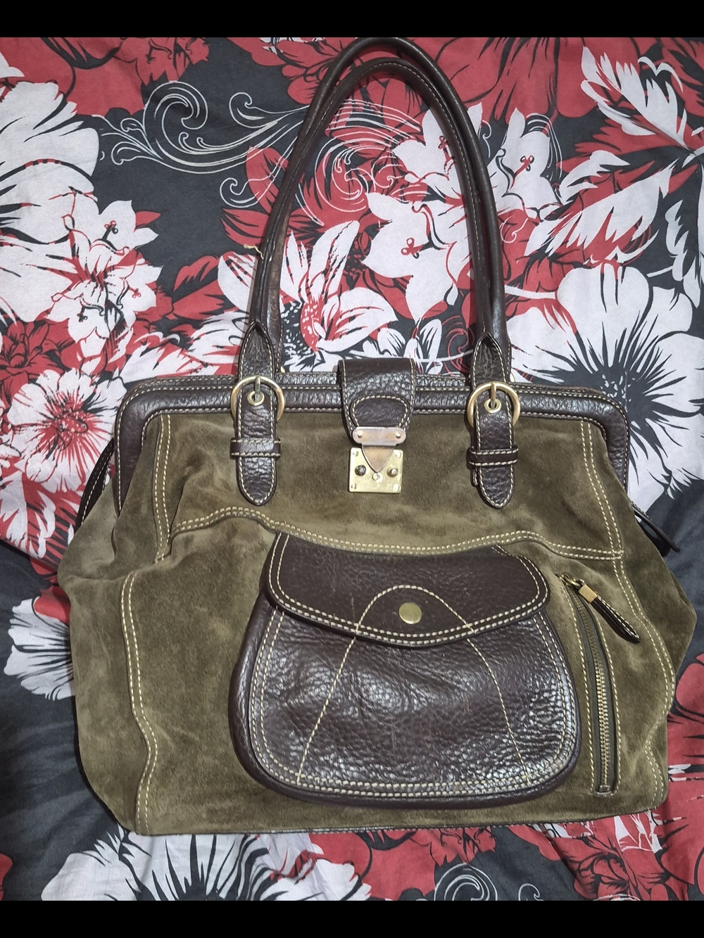 Vintage Suede Maxx New York Olive Green Suede & Dark Brown Leather Shoulder Bag